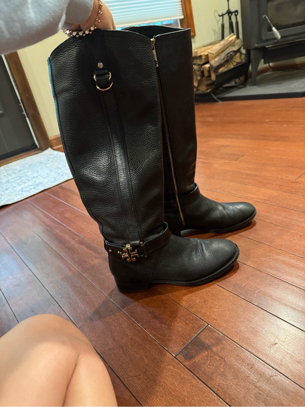 Black Leather Knee-High Riding Boots with Gold Hardware